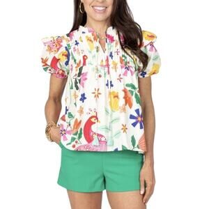 Sincerely Ours Nora Ruffle Puff Sleeve Colorful Pretty Peacock Floral Large